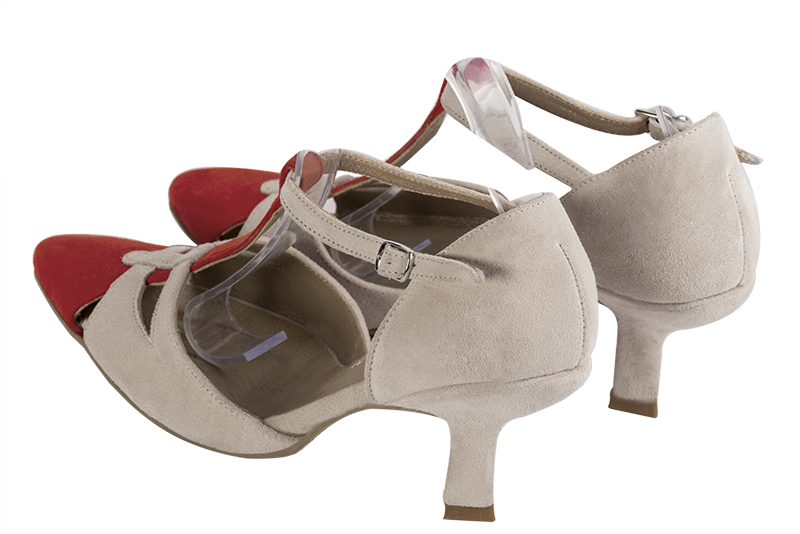 Scarlet red and champagne beige women's T-strap open side shoes. Tapered toe. Medium spool heels. Rear view - Florence KOOIJMAN